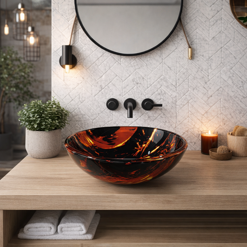 Bathroom Vessel Sink Above Counter Hand-Crafted Tempered Glass Black & Red Pattern 16-1/2"dia. X 5-3/4"H Drain Dia. 1-3/4"