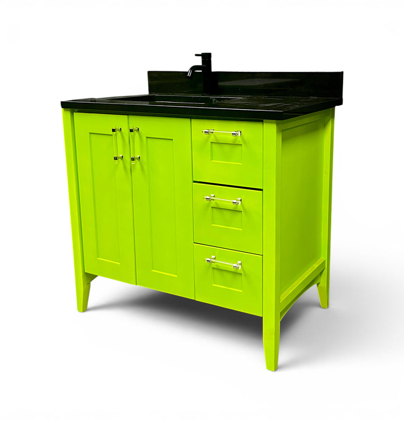 Bathroom Vanity 2 Doors, 3 Drawers (2 Drawers, 1 False Drawer) Unique Electric Green Finish with Black Granite, Black Porcelain Sink and Matte Black Bathroom Faucet, 36"L X 22"W X 33"H