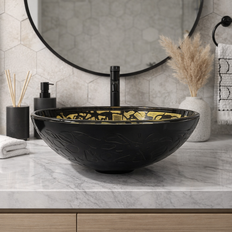 Bathroom Vessel Sink Above Counter Hand-Crafted Tempered Glass Black & Amber Pattern 16-3/4"dia. X 6-1/4"H Drain Dia. 1-3/4"