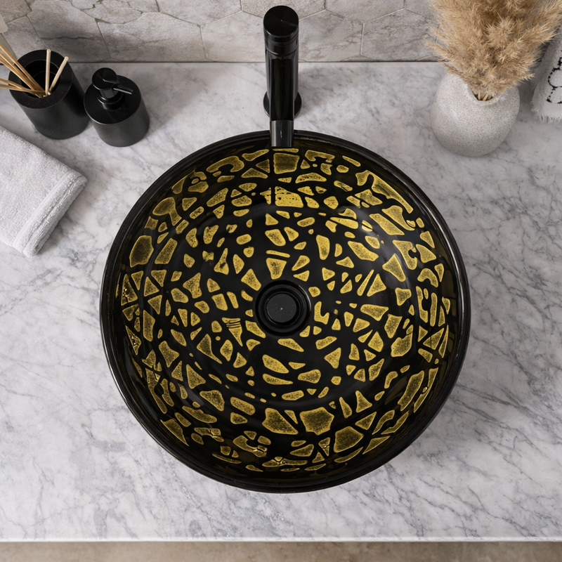 Bathroom Vessel Sink Above Counter Hand-Crafted Tempered Glass Black & Amber Pattern 16-3/4"dia. X 6-1/4"H Drain Dia. 1-3/4"