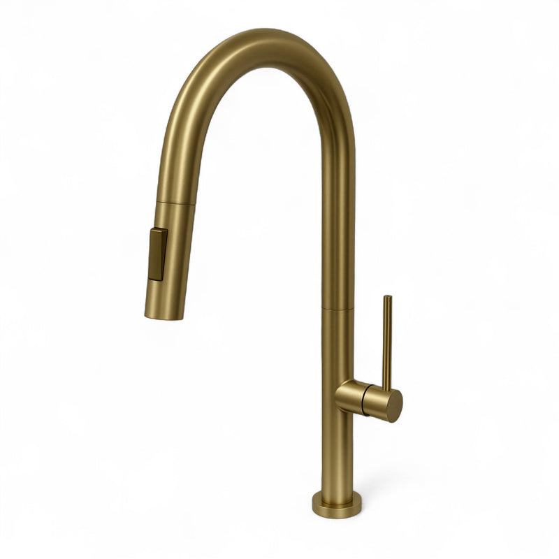Brushed Brass Arc Spout Kitchen Faucet — 17-1/2" Single Handle Stainless Steel