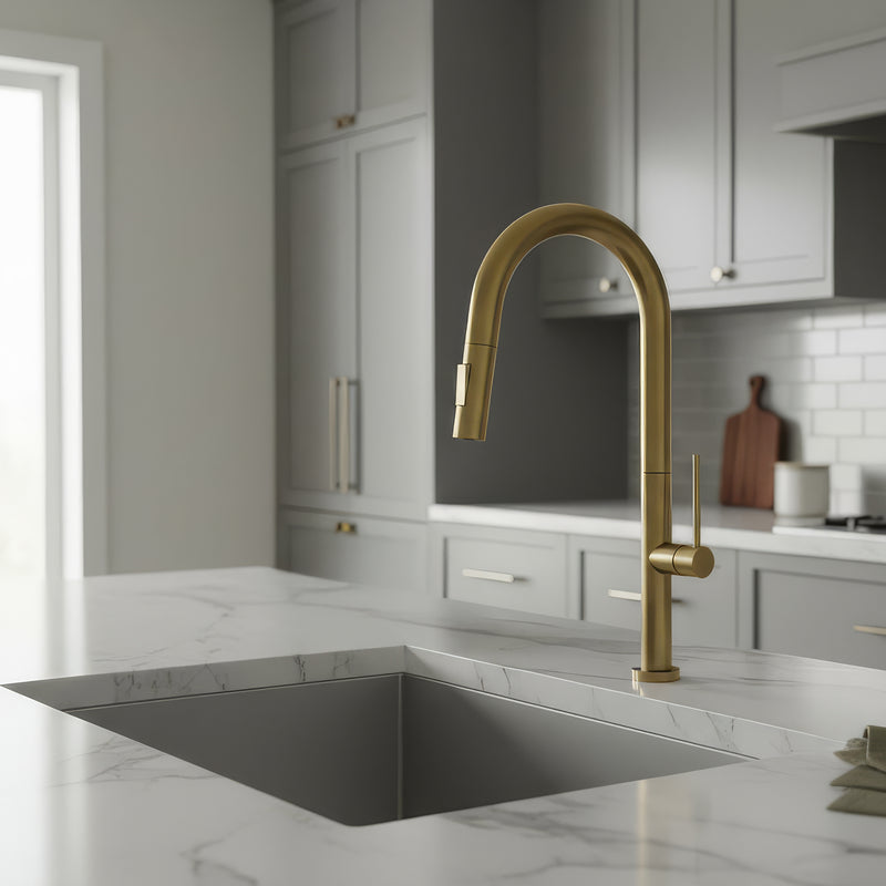 Brushed Brass Arc Spout Kitchen Faucet — 17-1/2" Single Handle Stainless Steel