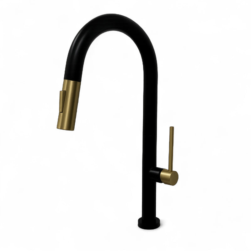 Matte Black & Brushed Brass Arc Spout Kitchen Faucet — 17-1/2" Single Handle