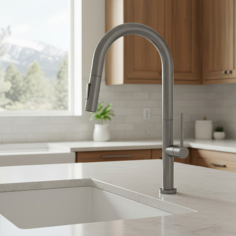 Graphite Arc Spout Kitchen Faucet — 17-1/2" Single Handle Stainless Steel