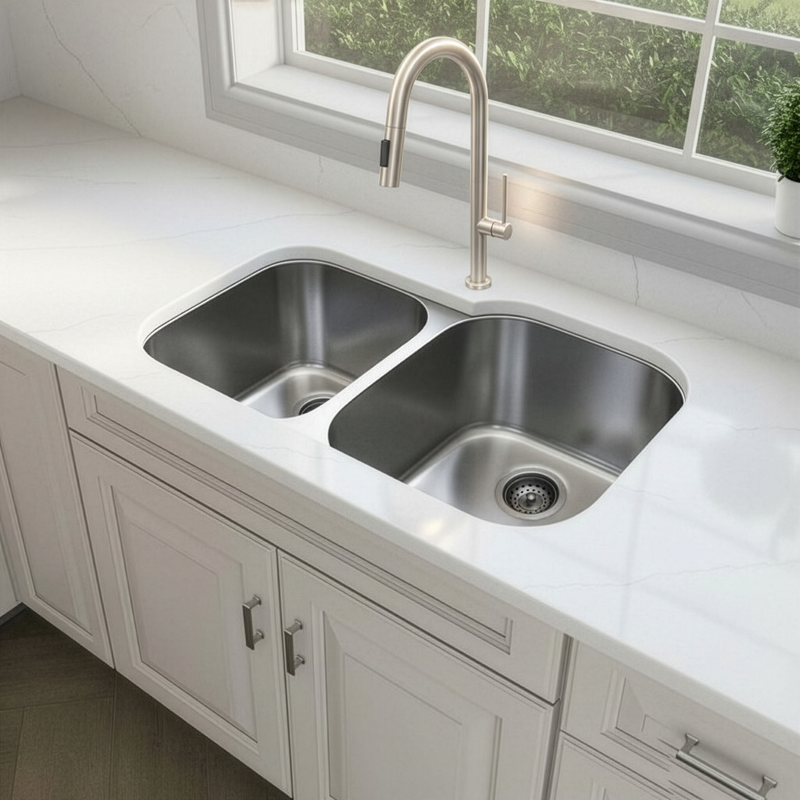 32" Double Bowl Undermount Kitchen Sink — 18-Gauge Stainless Steel, 40/60 Split