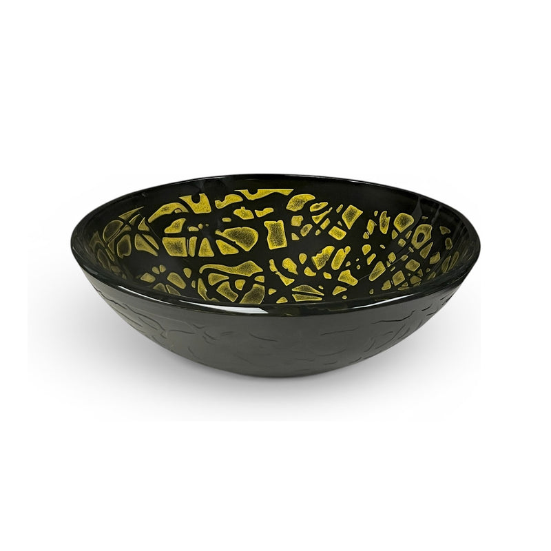 Bathroom Vessel Sink Above Counter Hand-Crafted Tempered Glass Black & Amber Pattern 16-3/4"dia. X 6-1/4"H Drain Dia. 1-3/4"