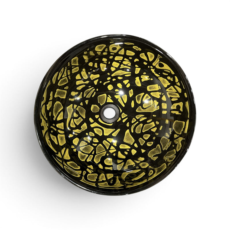 Bathroom Vessel Sink Above Counter Hand-Crafted Tempered Glass Black & Amber Pattern 16-3/4"dia. X 6-1/4"H Drain Dia. 1-3/4"