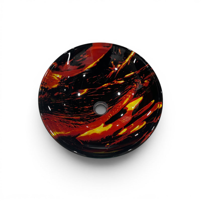 Bathroom Vessel Sink Above Counter Hand-Crafted Tempered Glass Black & Red Pattern 16-1/2"dia. X 5-3/4"H Drain Dia. 1-3/4"