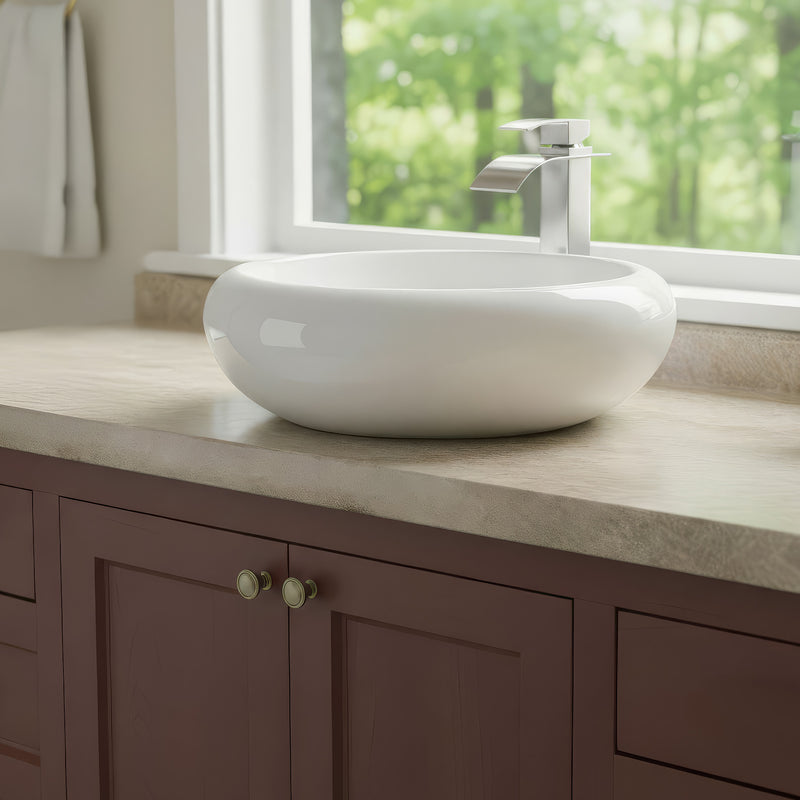 Bathroom Vessel Sink Above Counter w/ Overflow Vitreous China  Glossy White 20"dia. X 7"H Drain Dia. 1-3/4"