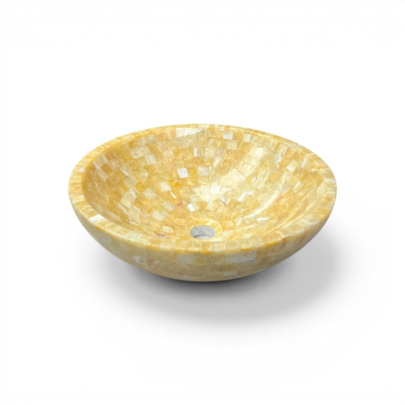 Bathroom Vessel Sink Above Counter Honey Onyx Mosaic Stone 17-1/4"dia. X 5-3/4"H Drain Dia. 1-3/4"