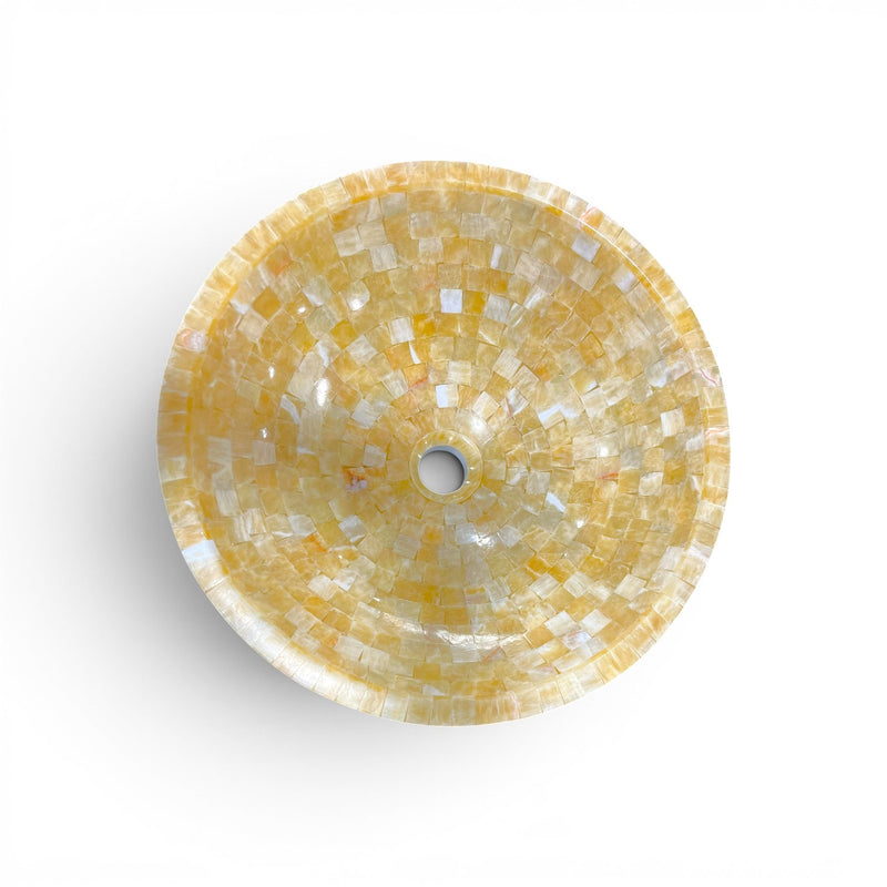 Bathroom Vessel Sink Above Counter Honey Onyx Mosaic Stone 17-1/4"dia. X 5-3/4"H Drain Dia. 1-3/4"