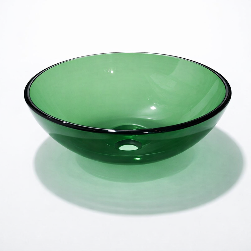 16" Round Emerald Green Tempered Glass Vessel Bathroom Sink — Hand-Carved