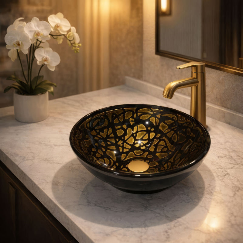 16-1/2" Round Black & Amber Tempered Glass Vessel Bathroom Sink — Hand-Carved