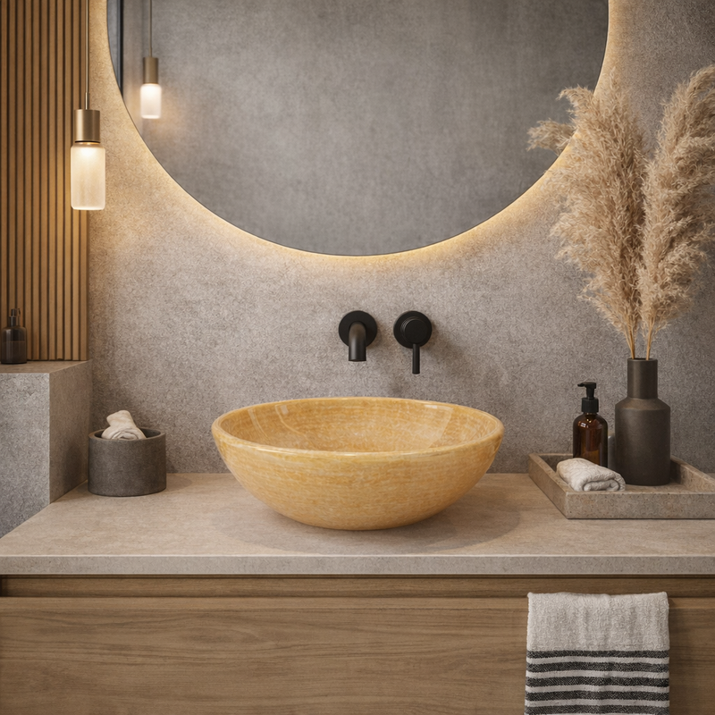 Bathroom Vessel Sink Above Counter Amber Gold Onyx Stone 16-3/4"dia. X 5-1/2"H Drain Dia. 1-3/4"