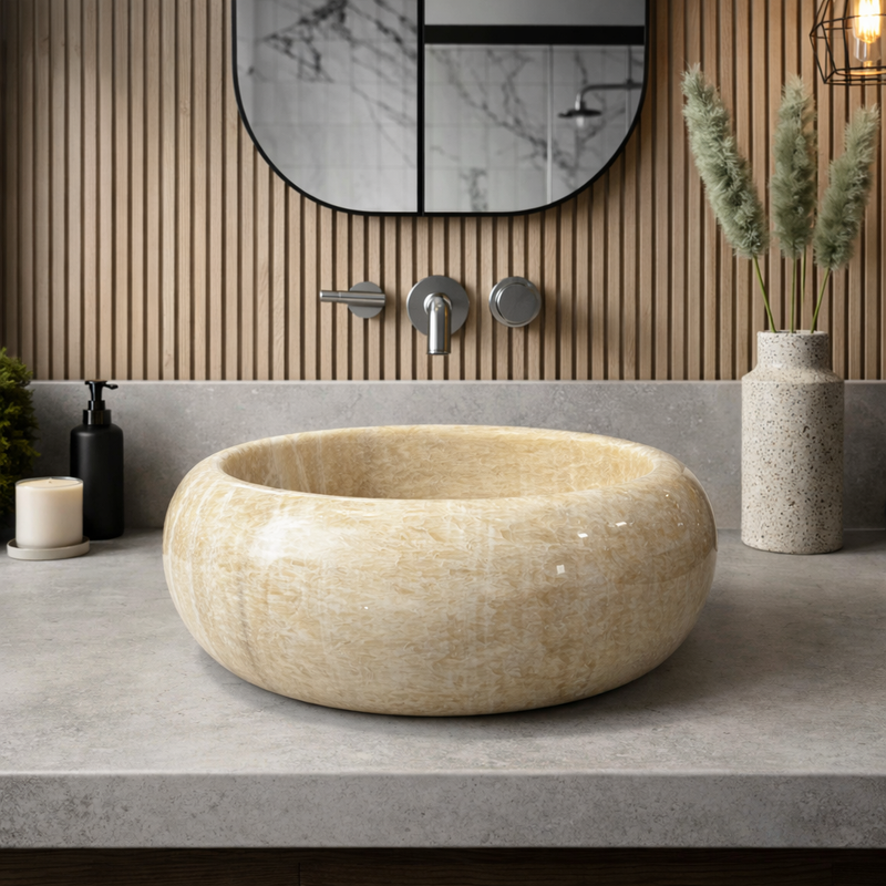 Bathroom Vessel Sink Above Counter Champagne Onyx Stone 16"dia. X 5-1/2"H Drain Dia. 1-3/4"