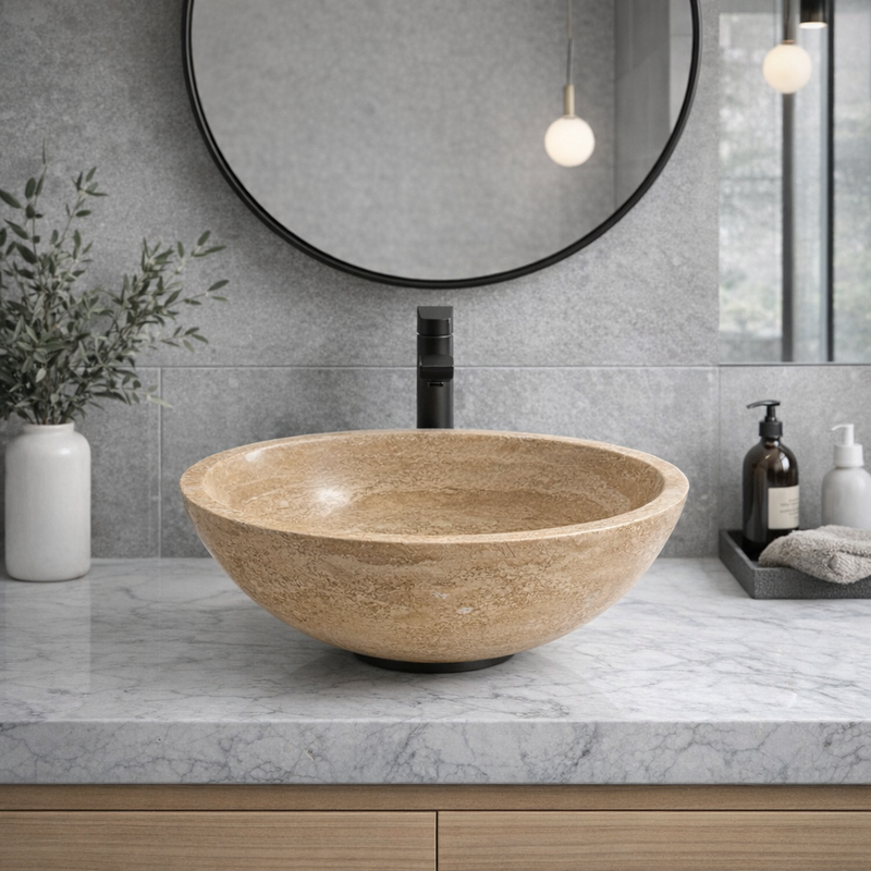 Bathroom Vessel Sink Above Counter Desert Tan Natural Stone 16-1/2"dia. X 5-1/2"H Drain Dia. 1-3/4"